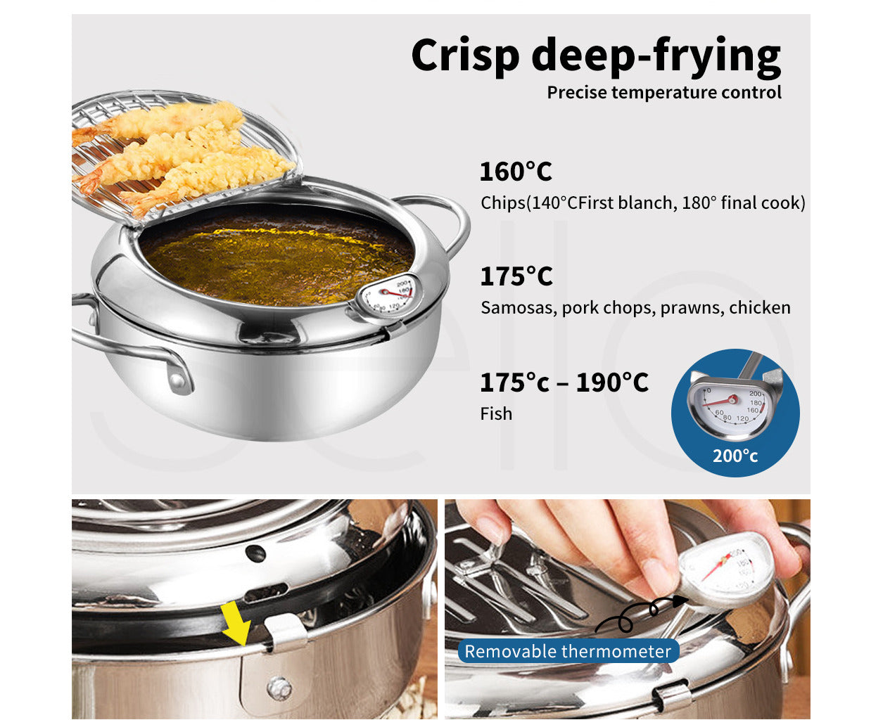 Japanese Deep Frying Pot with Thermometer Kitchen Tempura Fryer Pan Silver