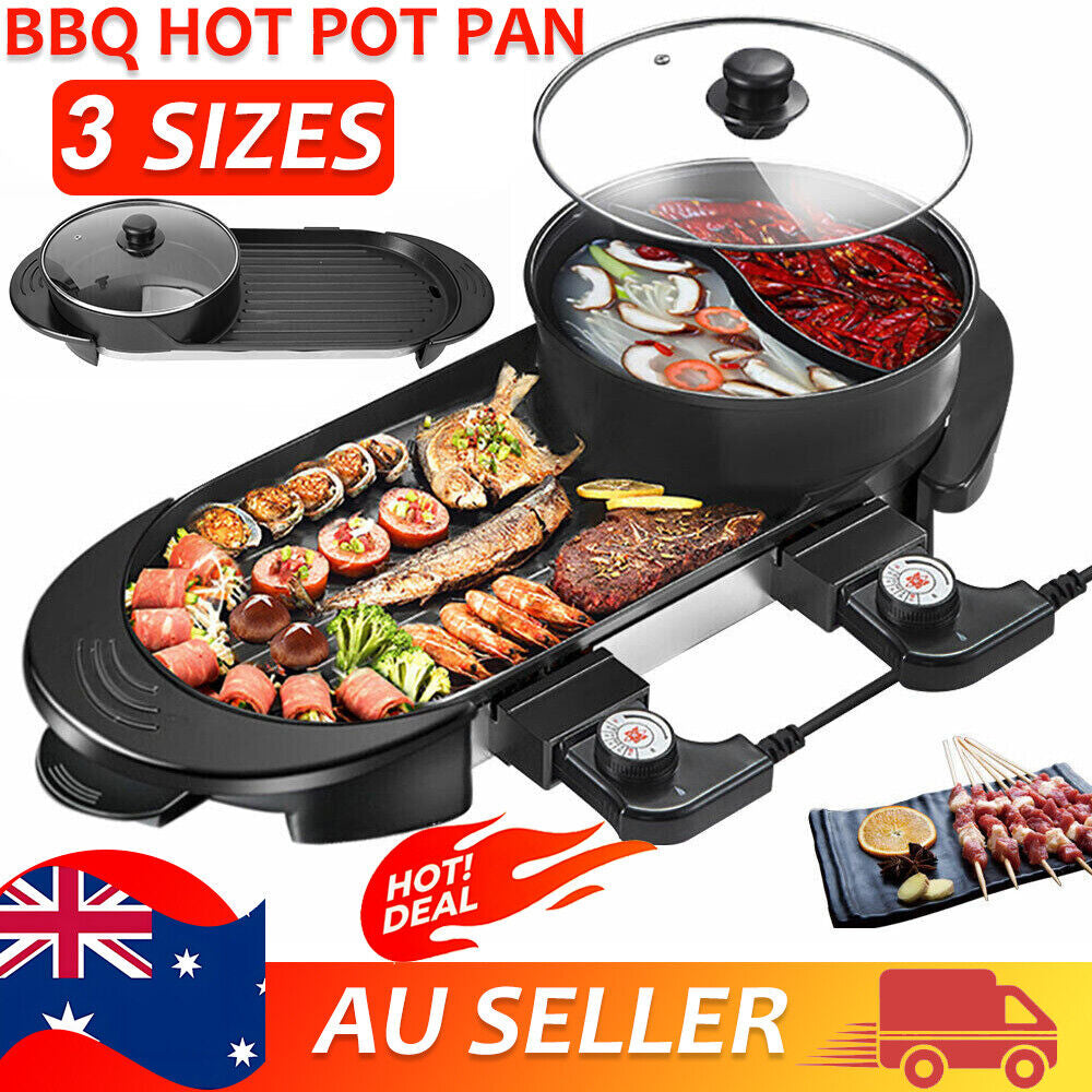 Electric 2 in 1 Hot Pot BBQ Oven Smokeless Barbecue Pan Grill Hotpot Machine AU