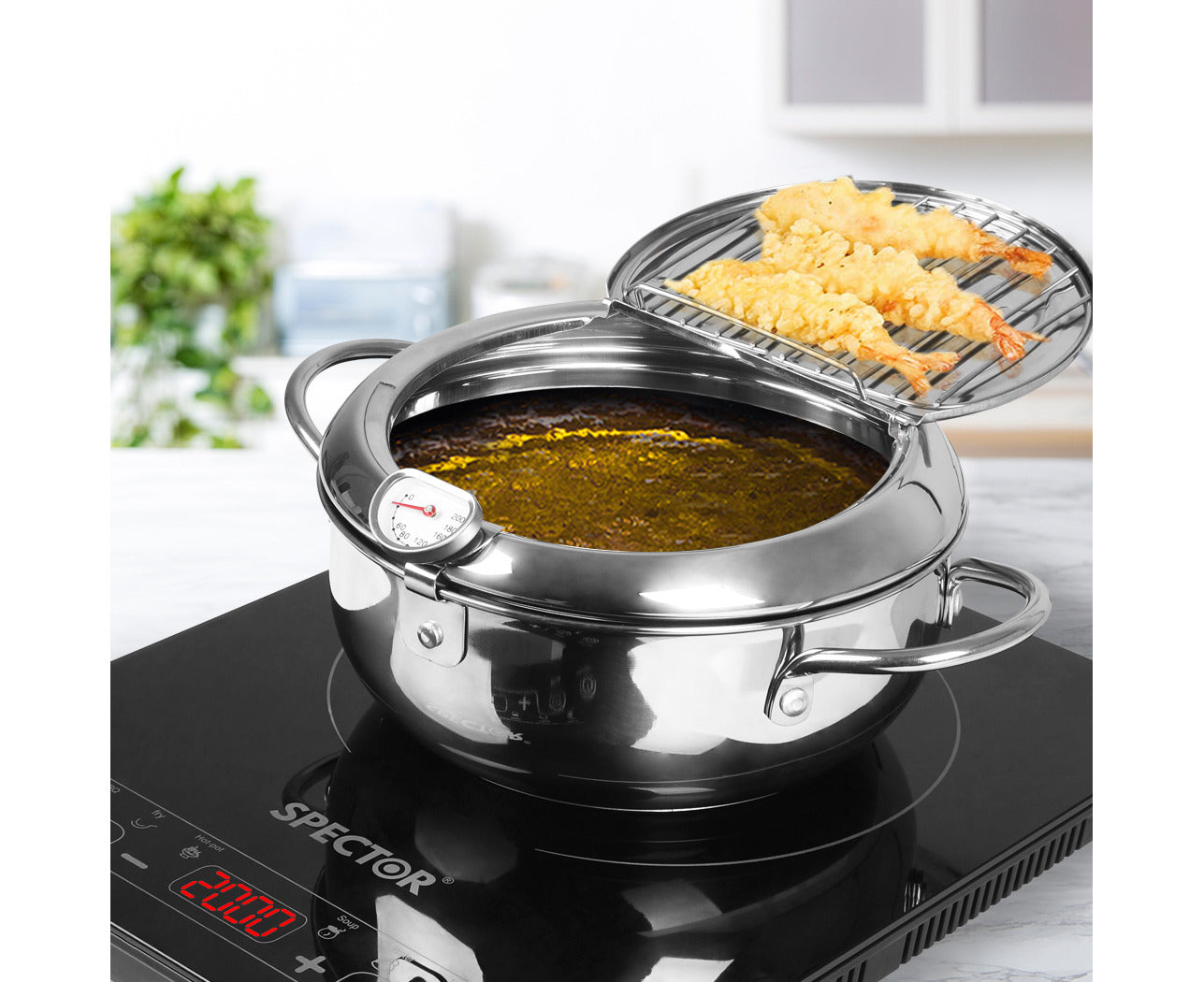 Japanese Deep Frying Pot with Thermometer Kitchen Tempura Fryer Pan Silver